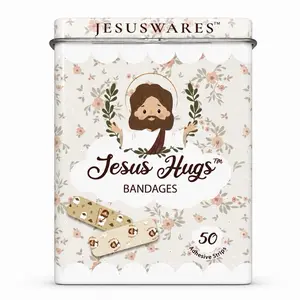 Jesus Hugs Bandages - 50 Sterile Adhesive Strips with 5 Designs -Jesus Bandaids-, Latex-Free & Water Resistant, Safe for Children & Adults, 3.75" x 2.75" x 1" Size Aid Healthcare