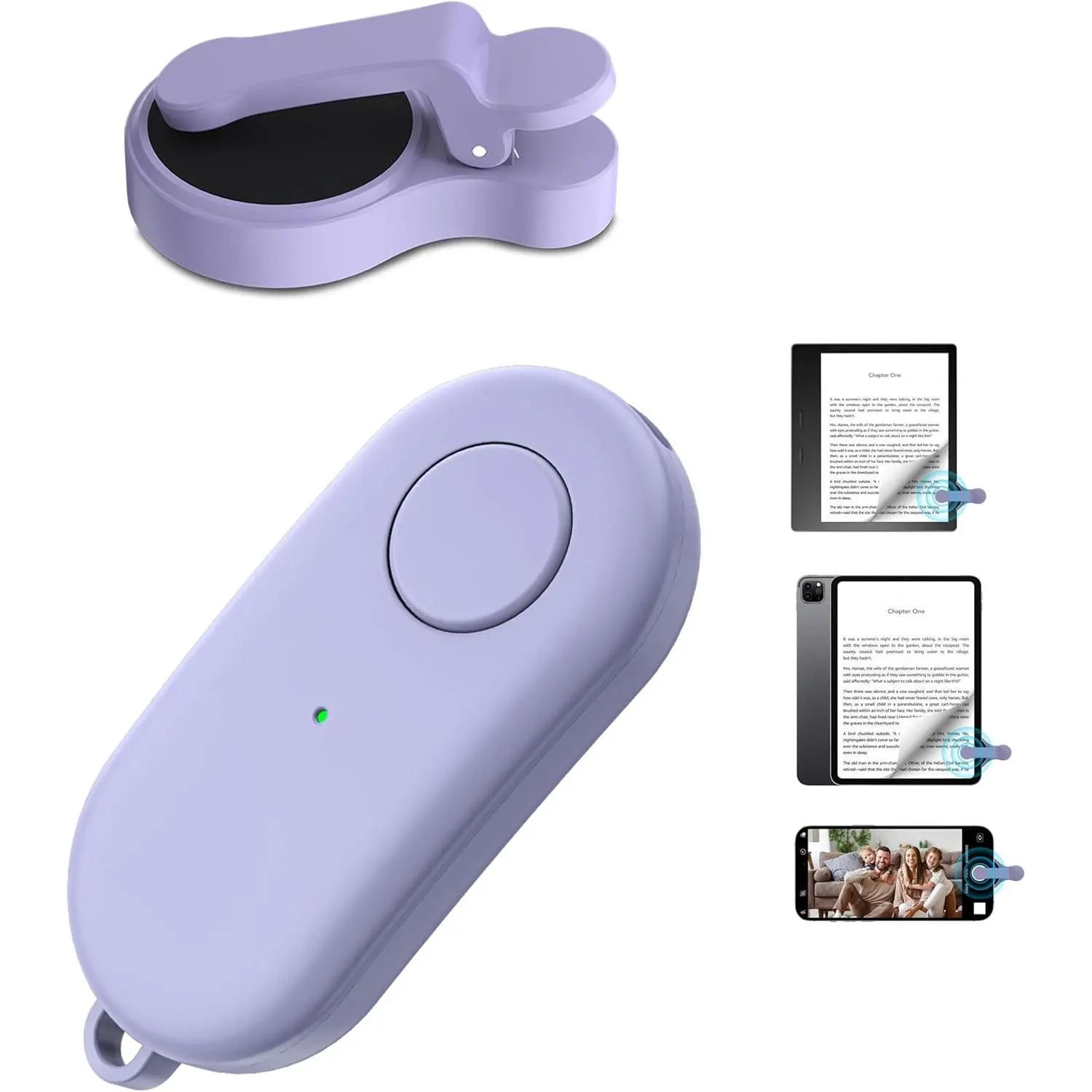 L-RDC002 RF Wireless Clip Page Turner Remote Control - Capacitive Touch Screen Device, Compatible with Kindle, Kobo Multiple E-Readers, iPad, Android Tablets, iPhone, for Reading, Camera Shutter Selfie (Purple)
