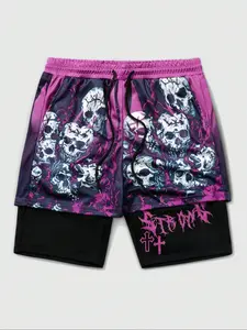 Men's Gothic Skull Print Shorts, Casual Fitted Summer Sport Pants with Letter Detail, Loose Fit Halloween-Themed Gym Wear, Breathable Printed Shorts
