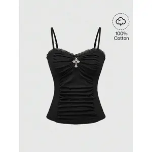 Goth Goth Cross Pendant Lace Patchwork Ruched Snug Fit Women Tank Top