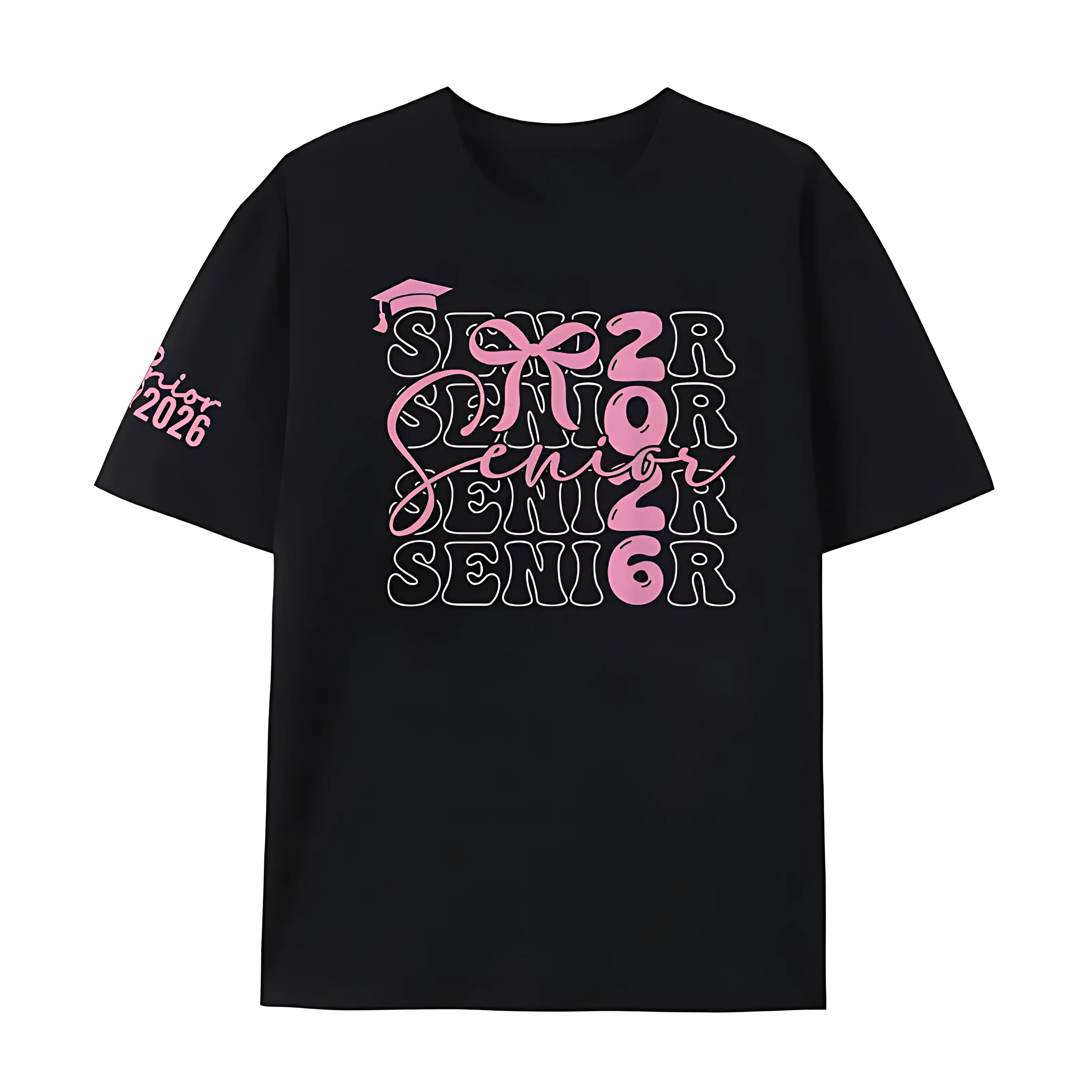 Senior 2026 Graduation T‑Shirt | Groovy Bubble Font Bow Grad Cap Graphic Tee, Class of 2026 Graduate Casual Short‑Sleeve Top for Women