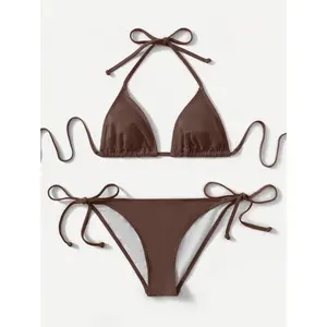 2-piece set of 2026 solid color halter top and tie-bottom bikini set, suitable for summer beach vacations