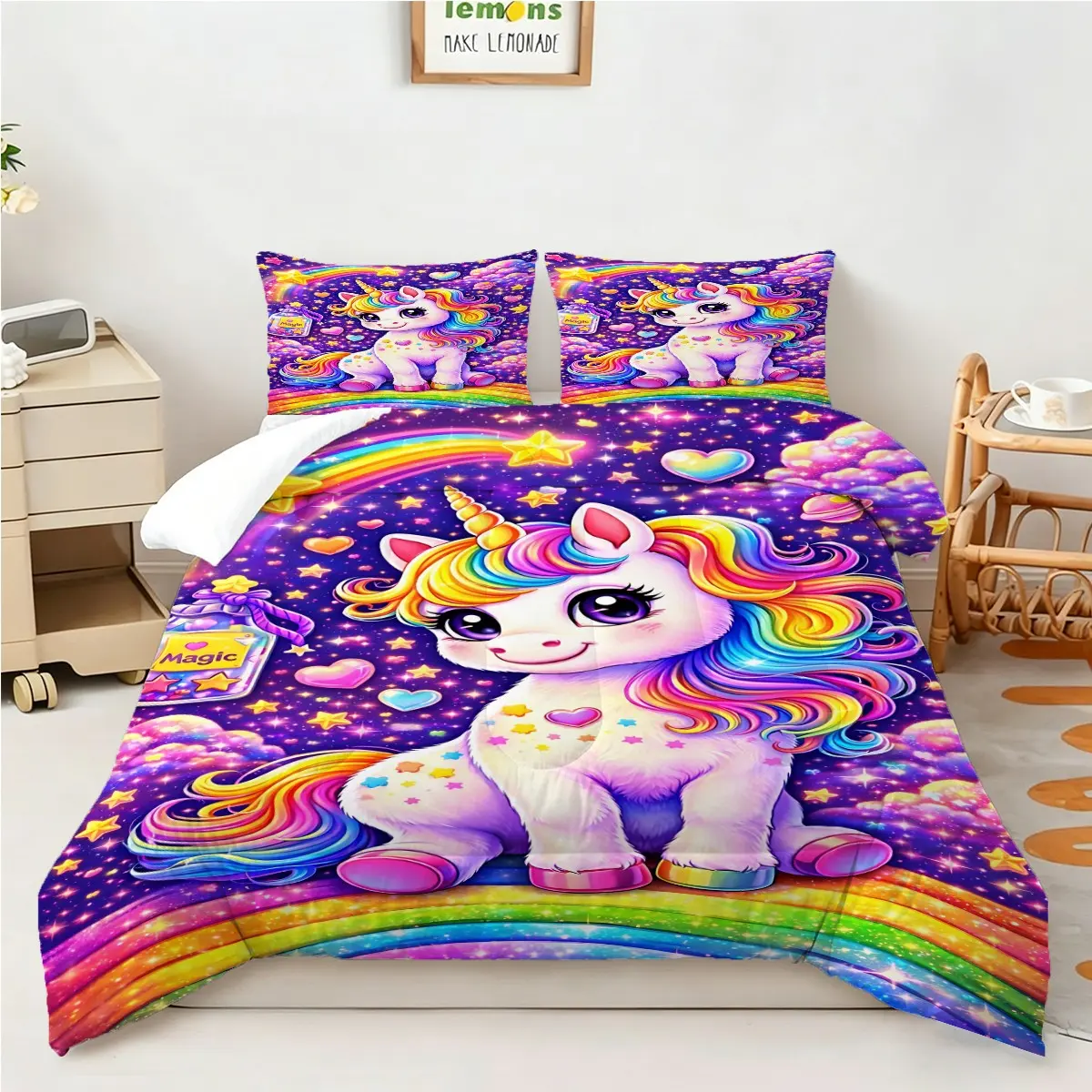 Beautiful Digital Print Quilt, 2/3Pcs Whimsical Unicorn Pattern Comforter Set, Enchanting Rainbow Bedding Set, Soft & Cozy Bedroom Decor, Perfect for Girls' Bedroom, Magical Fantasy Theme for Dreamy Nights. 1 or 2 Pillowcase No Pillow Core.