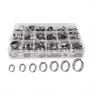 1 Box Single Ear Hose Clamp, 11 Sizes 1/4-1 Inch Constant Tension Crimp Stepless Cinch Rings Crimp Assortment Kit, for PEX Tubing Pipe Fitting ConnectionWater Pipe, Plumbing and Automotive Use Hardware Industrial