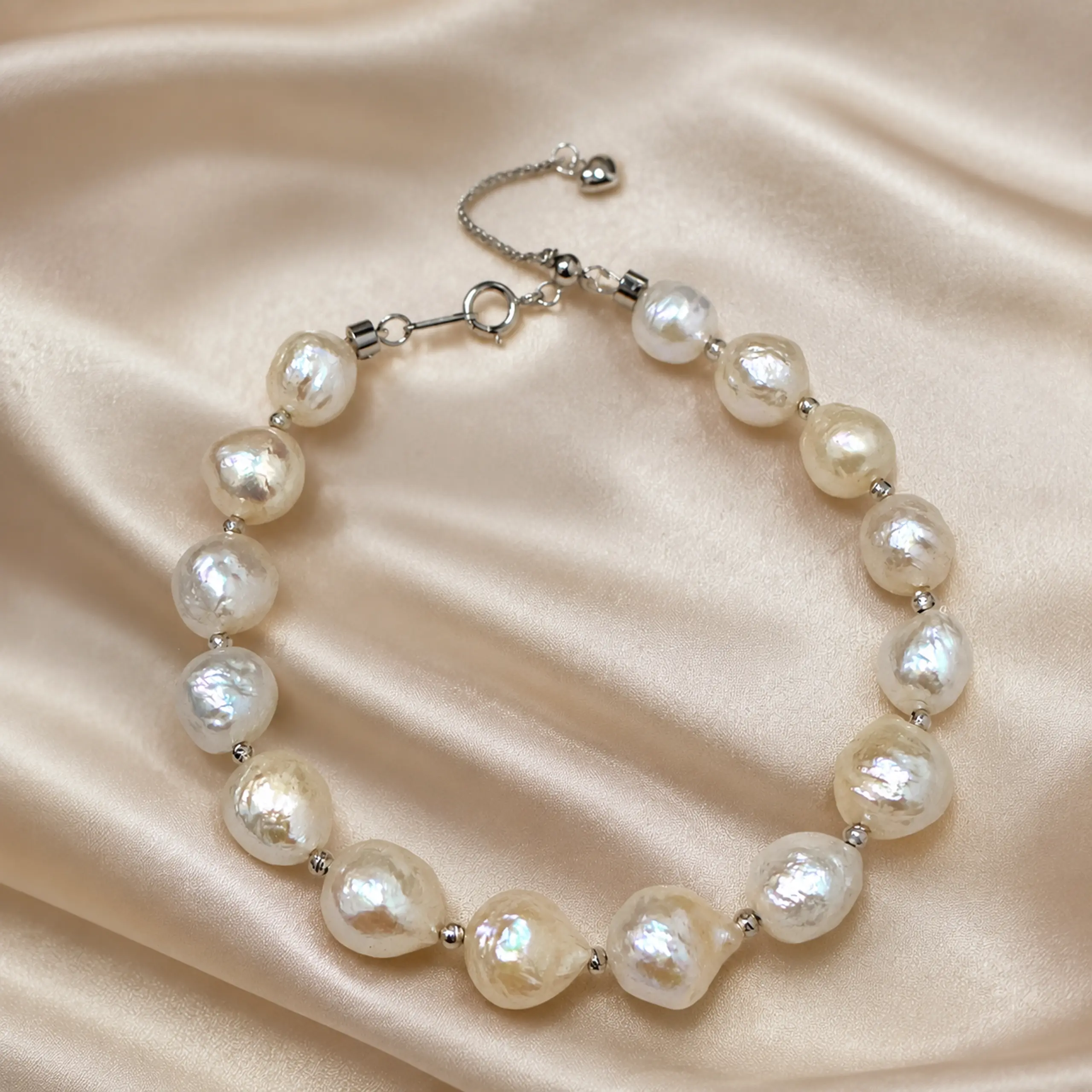 Wrap Edison Pearl Bracelet 8-10mm White Baroque Freshwater Pearls S925 Sterling Silver Chain with Carved Spacer Beads Adjustable Luxury Elegant Fine Jewelry