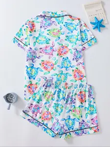Women's Turtle Print Shirt & Shorts Pajama Two-piece Set, Casual Comfy Short Sleeve Top & Shorts Pajama Set, Ladies Summer Sleepwear & Loungewear