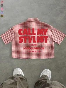 Men's Loose Blue Plaid Print Shirt, Casual Party Shirt, Back 'call My Stylist' Slogan, Short Sleeve Box Fit Button Up, Vintage Street Style