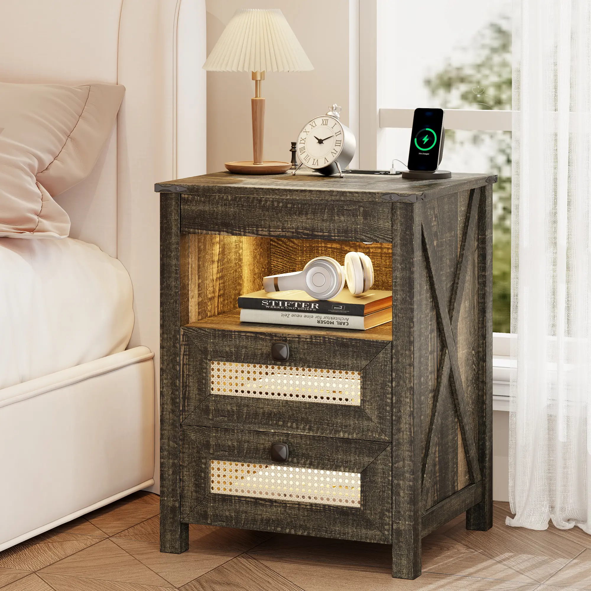 Lvifur LED Night Stand with Gun Drawer & Charging Station | Human Sensor Lights, Hidden Storage, Farmhouse Rattan Style, 3 Drawers, Bedside Table for Bedroom, End Tables