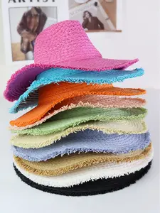 Women's Frayed Solid Straw Panama Fedora Paper Summer Wide Brim Sun Hat