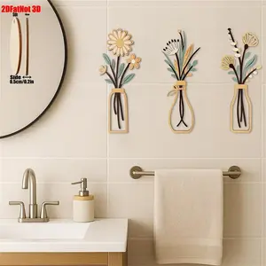 2D Plane 3pcs Wooden Floral Vase Wall Decor Set, Artistic Minimalist Bohemian Country Style, Rustic Wood Wall Art for Bathroom/living Room/bedroom/dining Room, Decoration Items