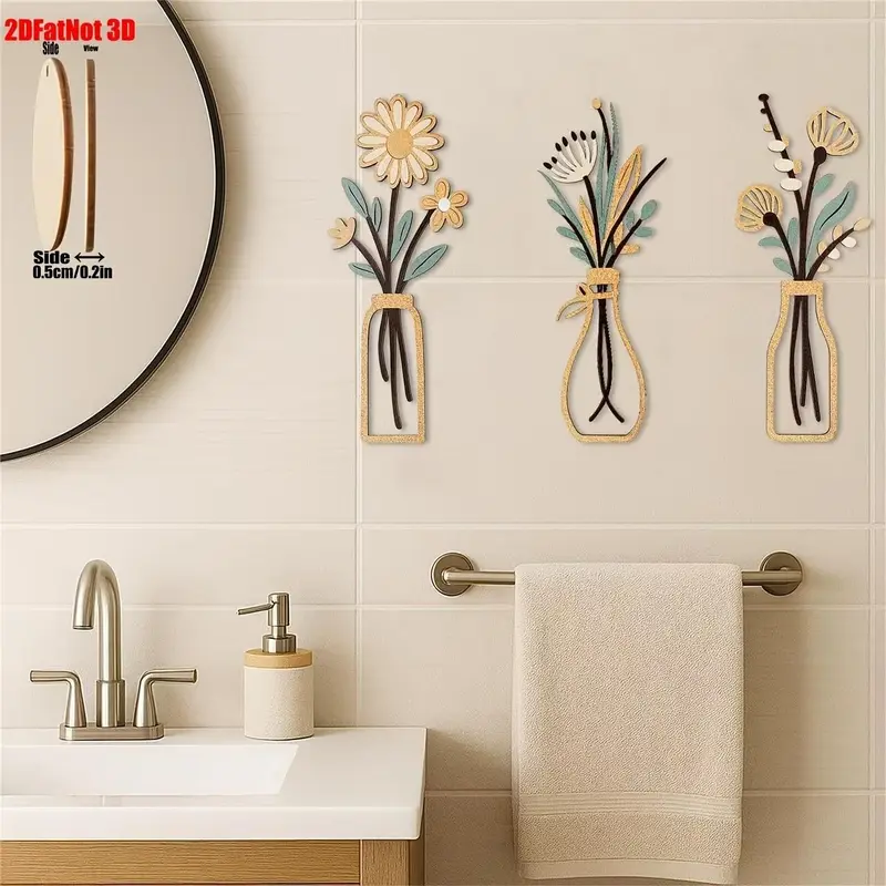2D Plane 3pcs Wooden Floral Vase Wall Decor Set, Artistic Minimalist Bohemian Country Style, Rustic Wood Wall Art for Bathroom/living Room/bedroom/dining Room, Decoration Items
