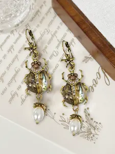 Women's Fashion Pendant Earrings, Vintage Beetle Design, Faux Pearl Inlay, Perfect for Daily Wear, Elegant and Stylish Jewelry, Chunky Claddagh Earrings, Chunky Dangle Earrings