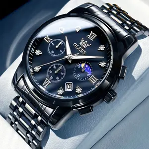 OLEVS G2858 Men's Fashion Quartz Watch Luxury Business Chronograph Black Stainless Steel Metal Band Waterproof Luminous Round Dial Sun Moon Phase Calendar Date Wristwatch Casual Trendy Analog Timepiece Exquisite Birthday Father's Day Gift with Watch Box