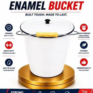 Heavy-Duty Enamel Utility Bucket with Cover & Wooden Grip Handle