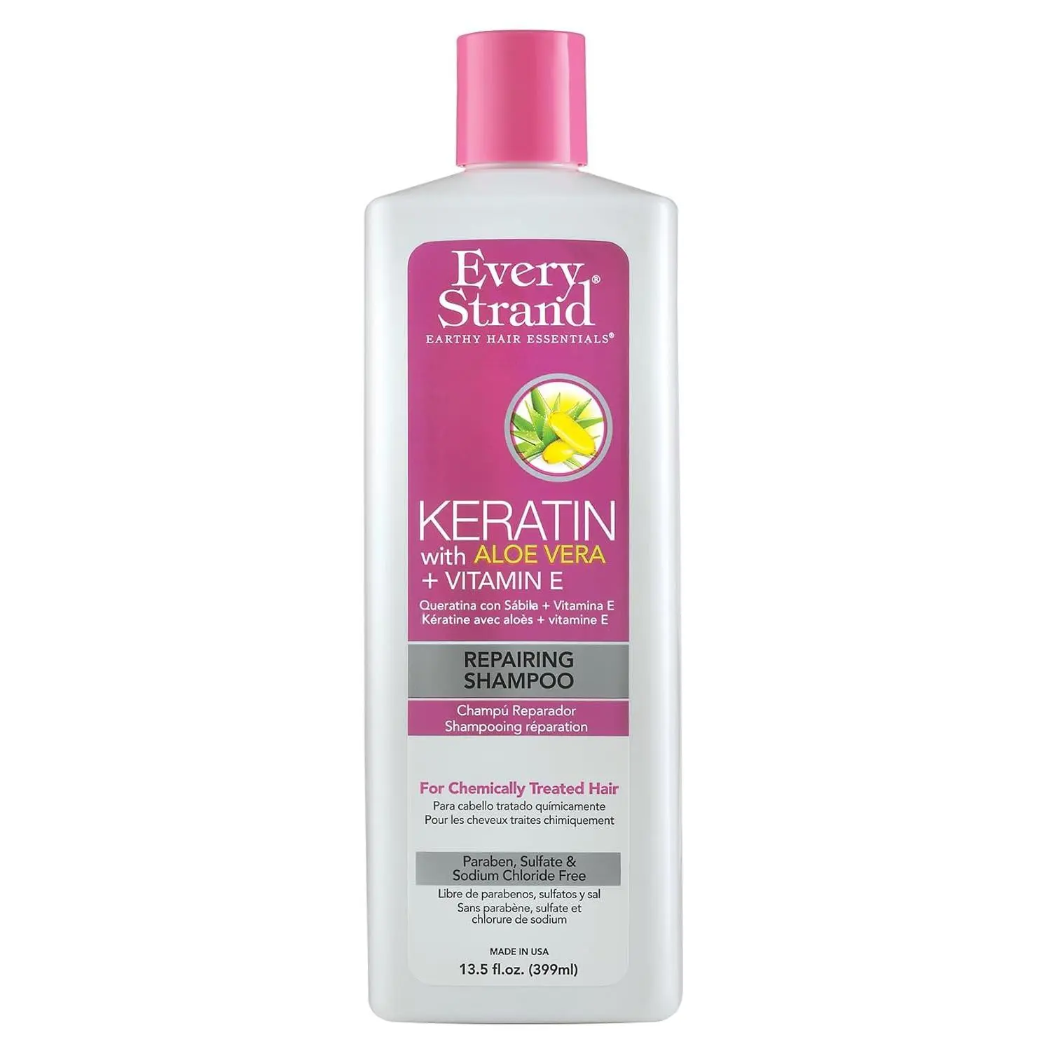 Every Strand Bio Keratin Repairing Shampoo - Sulfate-Free Protein Liquid Cleanser for Smoothing, Strengthening Chemically Treated Glossy Hair in Adults, with Aloe Vera & Vitamin E, 13.5 fl oz, Bio Keratin Shampoo, Sodium Chloride-Free, Hydrating, Hypoalle