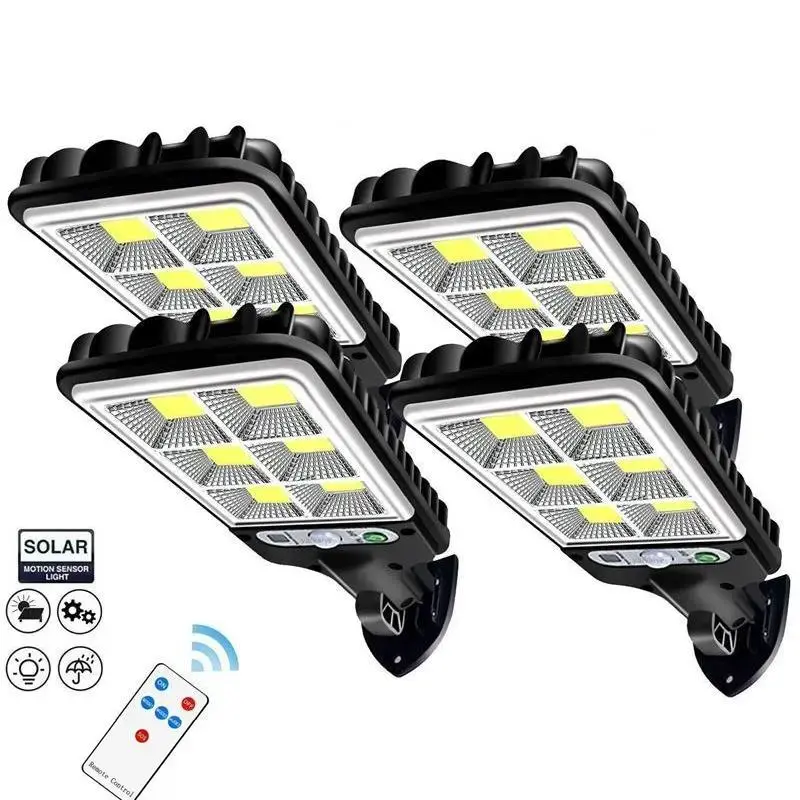 Bright Solar Powered Smart Eco-Friendly 4-Pack Outdoor Street Lights, 120 LEDs Each, IP65 Waterproof, Dusk-to-Dawn Auto On/Off, 3 Lighting Modes, Motion Sensor Security Light with Remote Control for Pathway, Garage