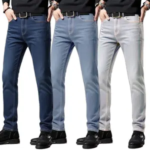 Men's Skinny Fit Stretch Jeans – Comfortable slim straight-leg pants with adjustable buttonholes (unopened). Featuring functional pockets and versatile street style for a modern, trendy everyday look. Original Stylish Trouser