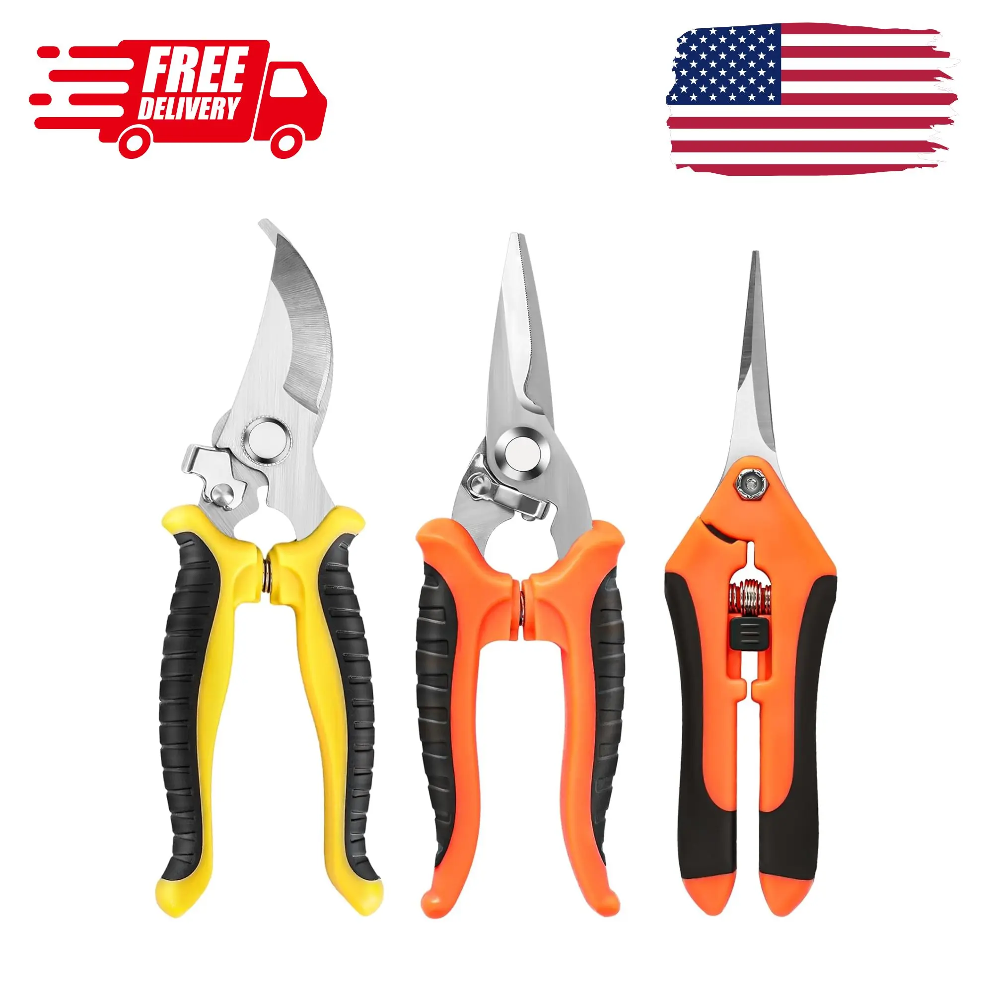 3 Pack Garden Pruning Shears, Stainless Steel