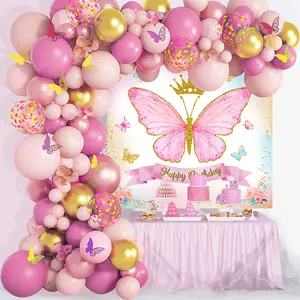 100pcs Crown Butterfly Background Cloth Balloon Garland Arch Kit Set,Pink Purple Butterfly Party Backdrop Balloon Chain,Happy Birthday Party Decoration,1st Birthday Party Supplies,Party Packs