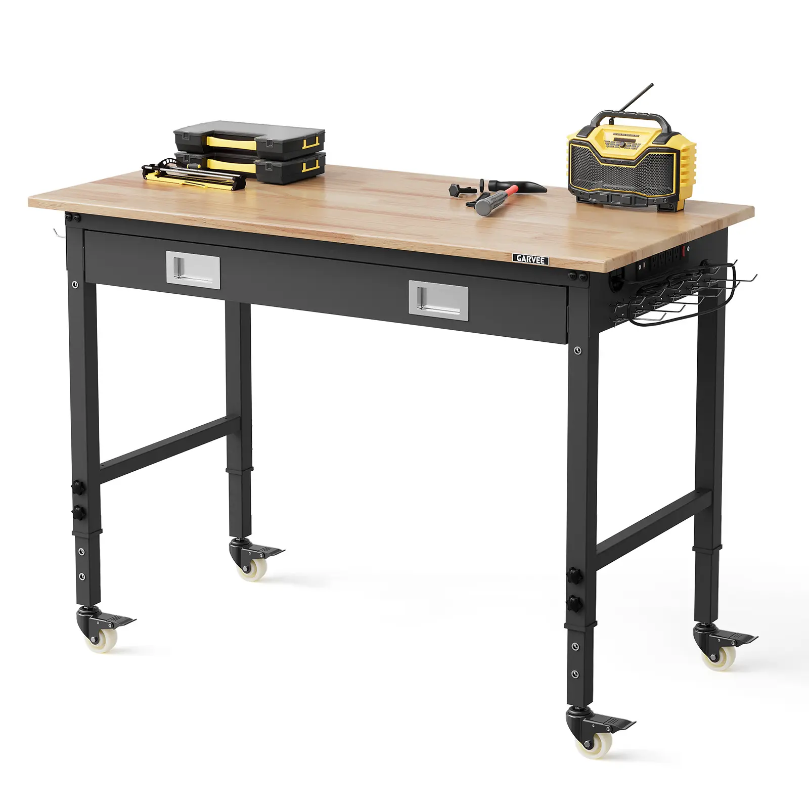 Garvee Upgraded Adjustable Height Workbench, 48x24 Inch, Sturdy Rubberwood Top, Heavy Duty Work Table, Built-in Drawer and Casters, for Garage, Home, Workshop