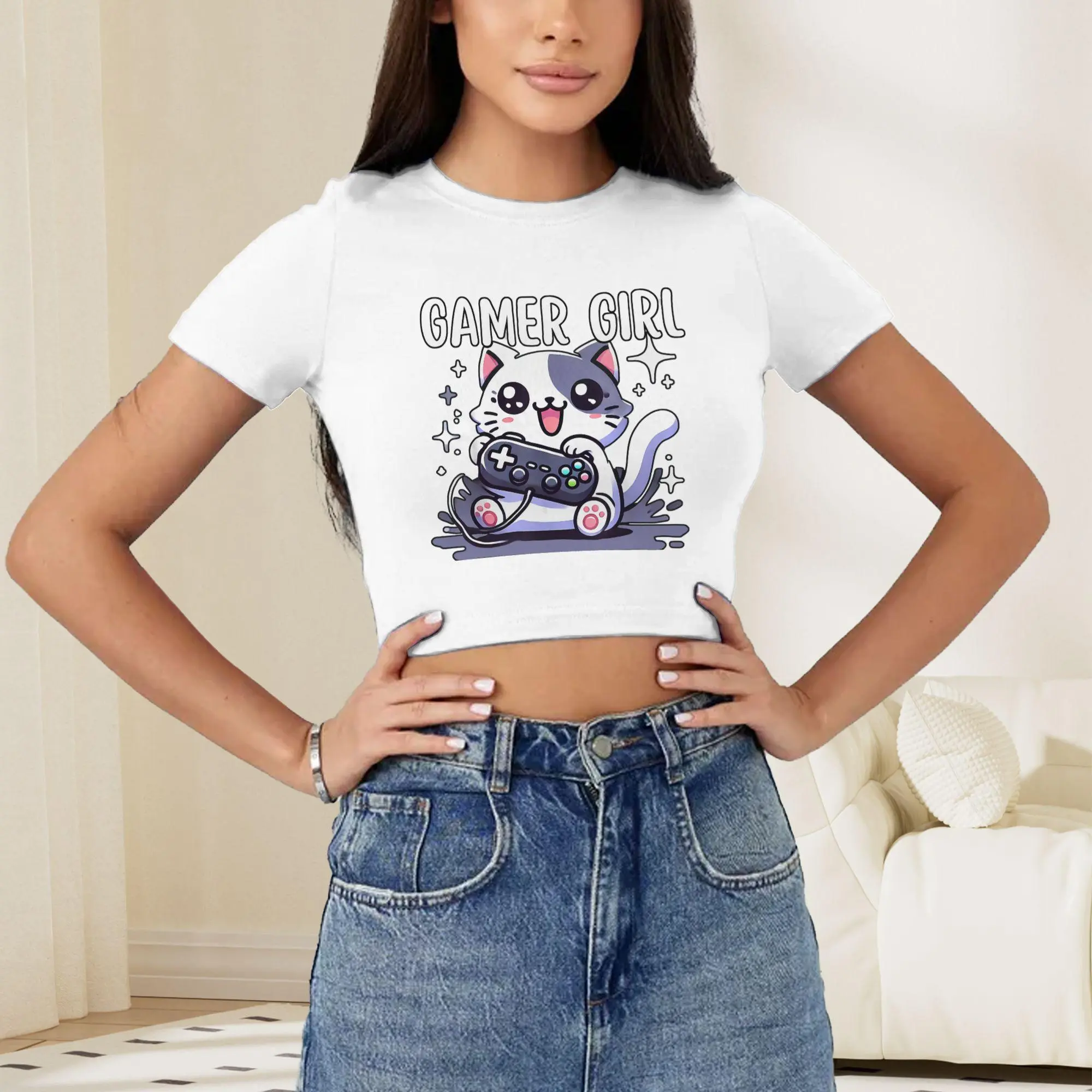 Crop Top Women's Slim Fit Graphic T - Shirt - Gamer Girl Cat Controller Design for Gaming & Casual Outfits White