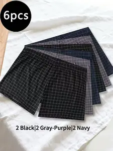 6-pack Men's Plaid Boxer Briefs, soft and breathable, loose and comfortable fit with elastic waistband, ideal for daily wear
