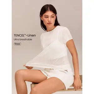 GLOWMODE TENCEL-Linen Pack Light Regular Fit Waist Length Asymmetric Sheer Linen Double Edge Neckline Crewneck Tee Vacation Holiday Summer Travel Beach Daily Casual Wear