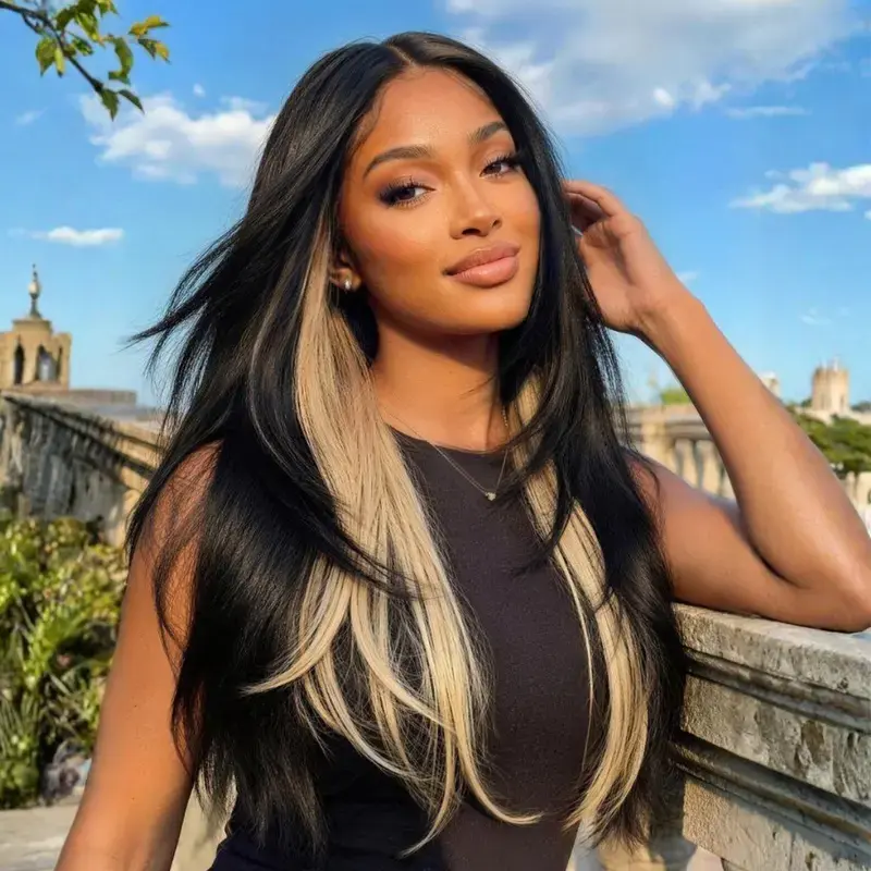 UNice Black with Blonde Peekaboo Highlights Layer Straight Wigs Glueless 7x5 HD Lace Human Hair Wigs with Invisible Drawstring Summer Wigs for Beginners  TikTokShopSummerSale