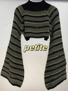 Women's Short High Neck Long Flare Sleeve Striped Knit Sweater, Pullover, Valentine's Day Gift, Ramadan, Daily Wear, Small Size Fashion