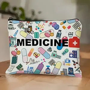 1pc Medicine Print Zipper Pouch, Large Capacity Portable Medical Bag With Colorful Pill And First Aid Kit Pattern, Ideal For Storing Daily Medications, Bandages And First Aid Supplies, Perfect For Home, Travel, Office Use, Great Gift For Caregivers