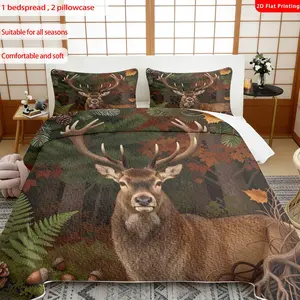 3pcs, 2D flat print Rustic Forest Deer Themed Quilted Bedspread Set, multiple sizes available, bedding set, festive decorative bedding, ideal for bedroom décor(1 bedspread , 2 pillowcase)