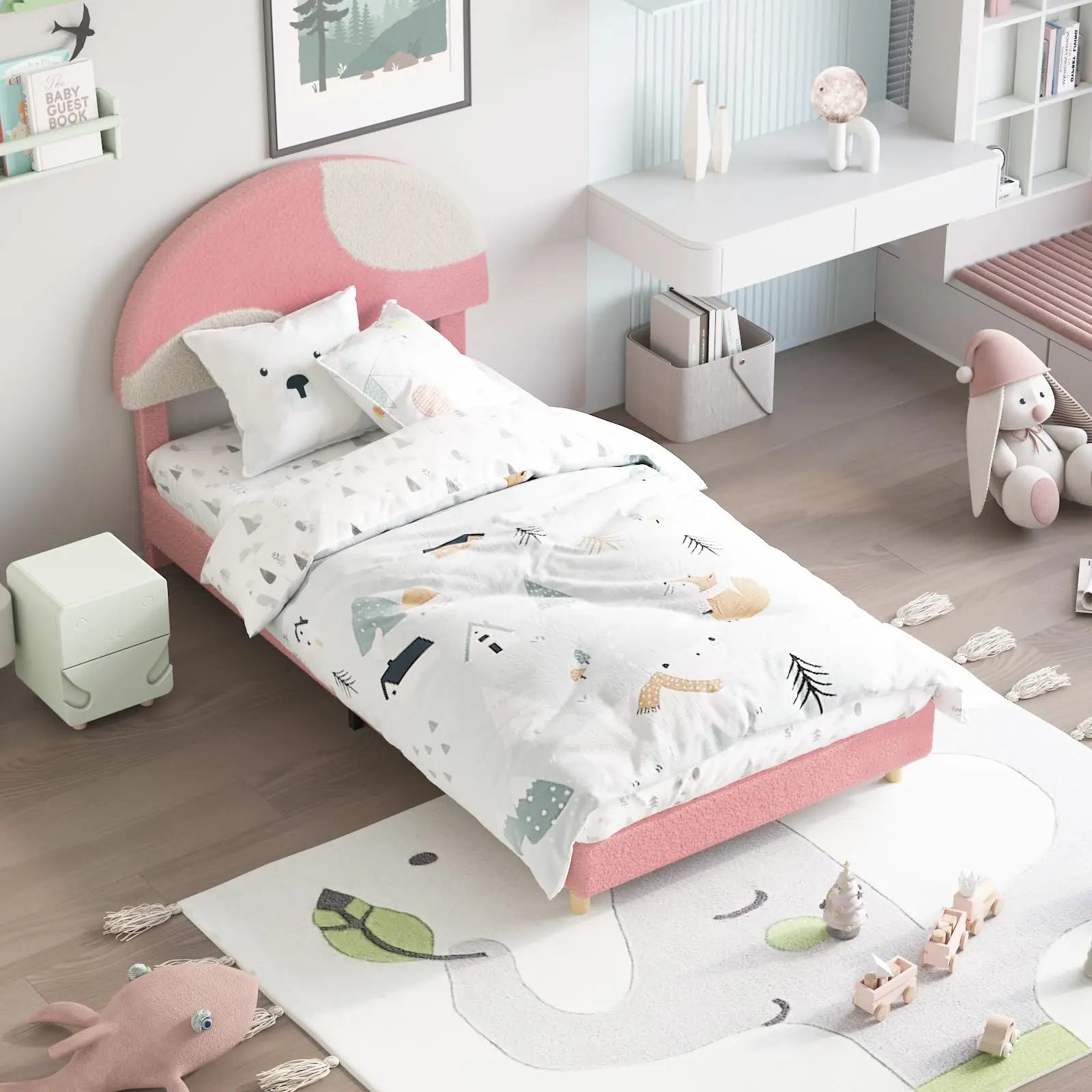 Garvee Modern Full Size Upholstered Bed Frame with Arch Boucle Headboard in Soft Pink and Light Beige, Featuring Sturdy Wooden Slats, Noise-Free Design, No Box Spring Needed, and Easy Assembly