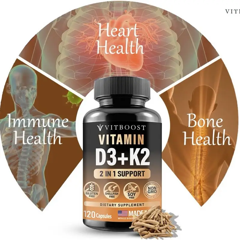 Vitboost Vitamin D3 K2 Supplement - 120 Count - Gluten-Free, USA Made, Healthcare Dietary Healthcare, Fitness supplement d3 supplement Edible