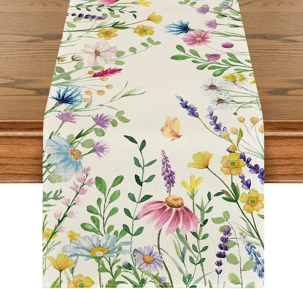 Daisy Eucalyptus Lavender Floral Leaves Summer Table Runner, Spring Kitchen Dining Table Decoration for Home Party Decor 13x36 Inch