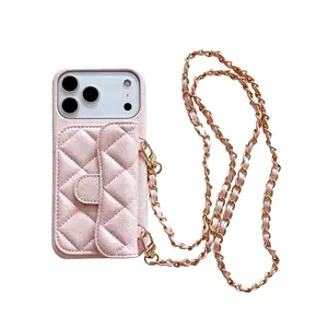 (Case & Nova.)Quilted Leather Wallet Phone Case with Card Holder & Crossbody Chain, Shockproof Protective Cover for iPhone 17 Pro Max, 16 Plus, 15, 14, 13, 12, 11