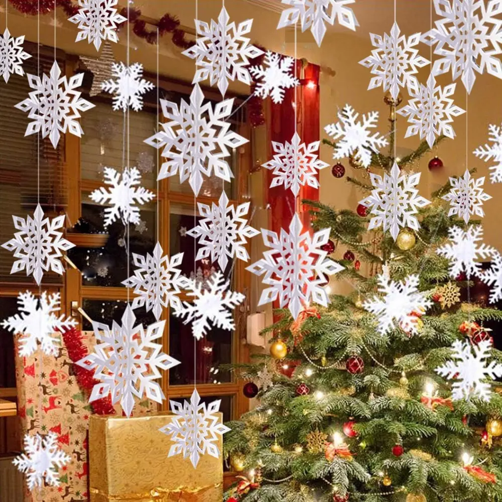 9.8 ft Long Winter Christmas Hanging Decorations - 12PCS Snowflake Garland, 12PCS 3D Glittery Large White Snowflake Ornaments for Holiday, New Year Party Home Decor, 9.8 Feet Long