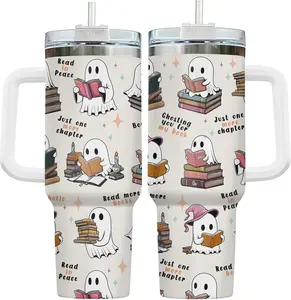 Boo Ghost Reading Tumbler 40oz with Handle & Straw, Funny Monster Vacuum Insulated Travel Coffee Cup for Book Lovers, Bookish Items on Halloween - Birthday Present to Him Her
