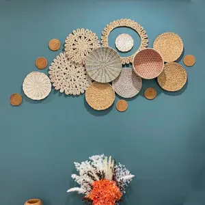 Set of 17 Basket Wall Decor, Boho Wall Decor, Boho Wall Art, Wicker Round Bowl, Wicker Wall Tray, Bohemian Wall Decor, Hanger Wall Plate Hanging Gift