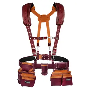FUERI 19 Pocket Leather Tool Belt with Suspenders,Comes with Padded Belt, Big Pouches, Hammer Holder,Suspender loops and Leather Suspender, Ideal for Construction Workers, Carpenters and Electrician.