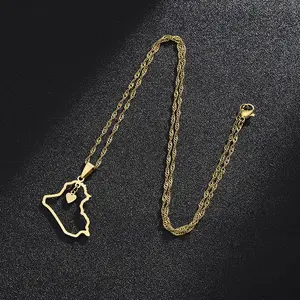 Gold Iraq Map Necklace with Heart Pendant | Stainless Steel Outline Chain | Middle Eastern Jewelry Gift for Women & Men | Travel Souvenir, Iraqi Pride, Cultural Heritage Necklace | Durable, Stylish & Meaningful Accessory for Everyday Wear
