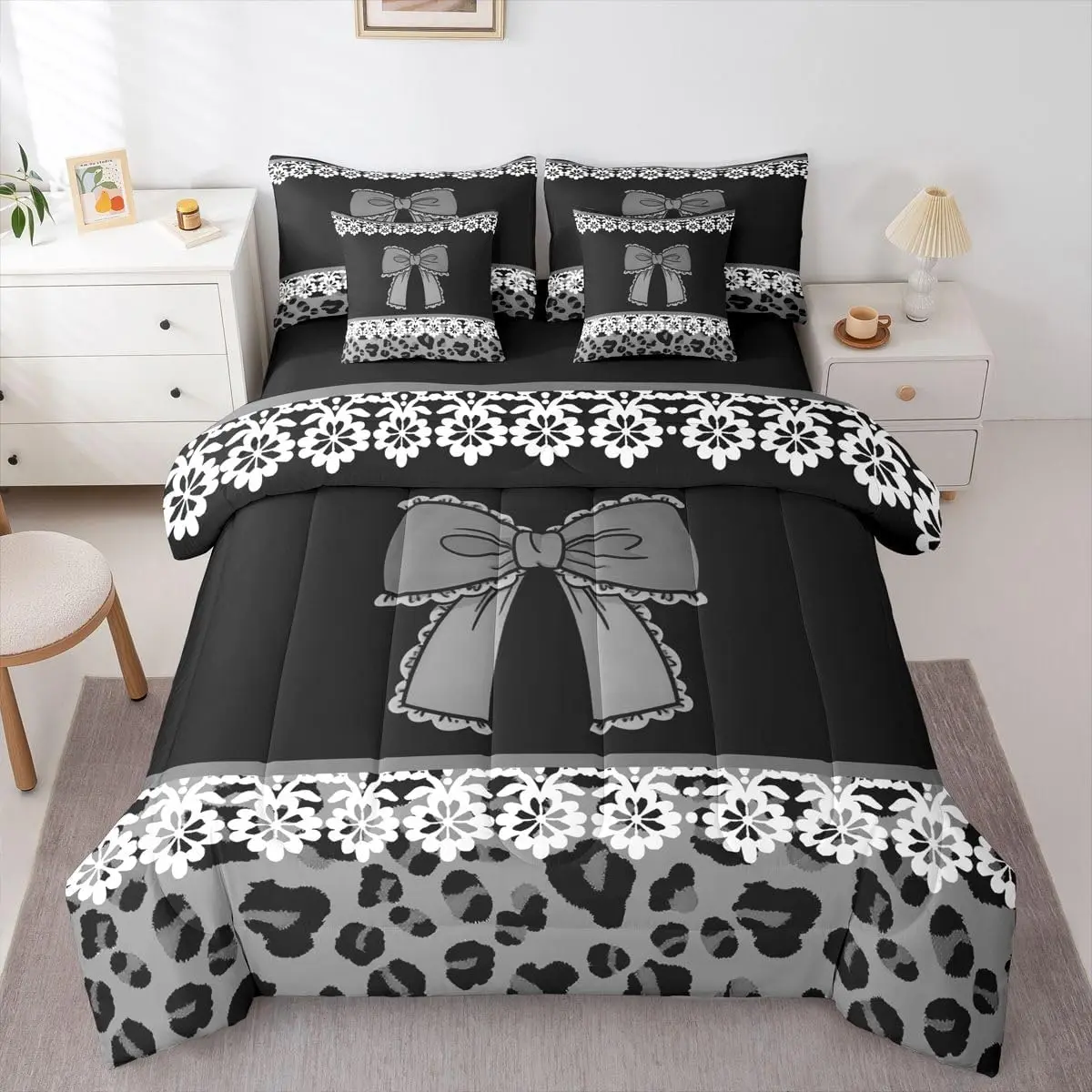 Cartoon Bowknot Comforter Set with Sheets 7 Piece Black Cheetah Bow Tie Bed in a Bag White Lace Bedding Set Damask Leopard Print Bedroom Decor Breathable Soft