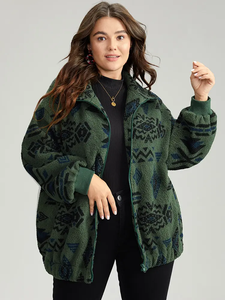 BLOOMCHIC Women's Green Geometric Graphic Drop Shoulder Long Sleeve Zipper Jacket - Casual Winter Fitted Polyester Blend Outerwear for Lady, Sizes 10/M,14-16/1X,18-20/2X,22-24/3X,26/4X,28/5X,30/6X, Do Not Tumble Dry, Clothes, Low Iron