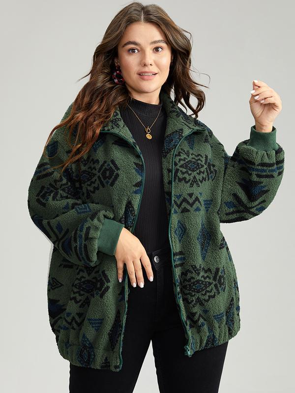 BLOOMCHIC Geometric Pocket Gathered Zipper Jacket - Green Graphic ...