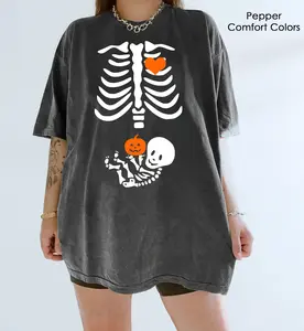 Pregnant Skeleton Shirt, Pumpkin Skeleton Baby Halloween Maternity Shirt, Pregnancy Mom Gift Maternity Shirt With Baby Skeleton