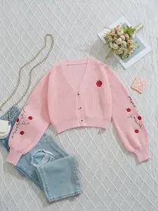 Spring Summer New Design Strawberry Embroidered Button Drop Shoulder Knit Cardigan, Casual Elegant Women's Top, Unique Fashion Style Knitwear