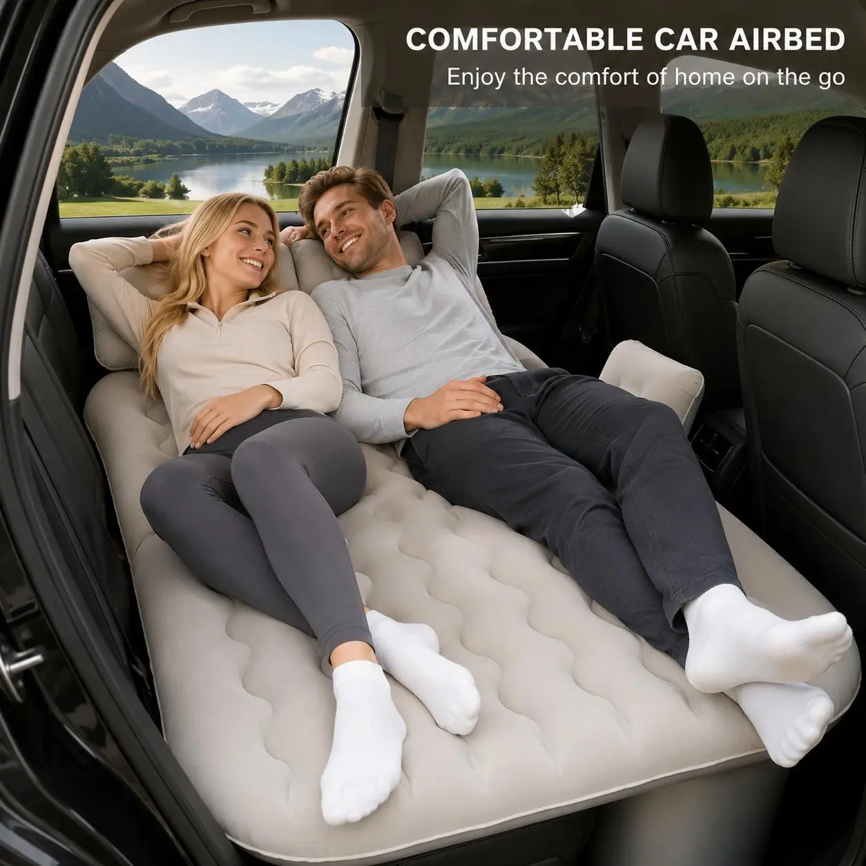 Car Inflatable Bed with Car Air Pump, Portable SUV Air Mattress for Camping & Travel, Comfortable Sleeping Mattress for Back Seat, Soft Flocked Surface, Ergonomic Design for Road Trips, Outdoor Adventures