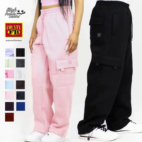 FB County Men's Heavyweight Cargo Sweatpants FBCOUNTY 6 Pockets Cargo Fleece Pants Logo Casual Regular Fit with Drawstring Plain Black Gray