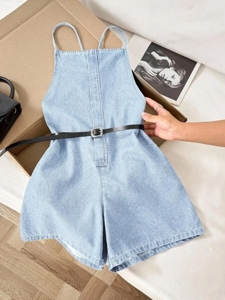 Women's Casual Loose Denim Criss-Cross Back Bib Shorts
