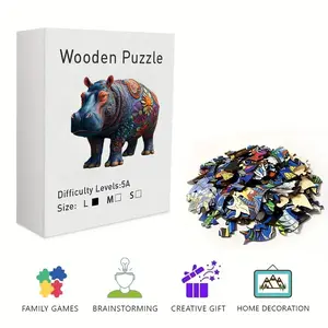 Bohemian Floral Hippo Wooden Jigsaw Puzzle for Adults & Kids - Challenging Irregular Pieces, Colorful Ethnic Pattern Art Puzzle, Stress Relief Brain Teaser, Framable Wall Art & Home Decor