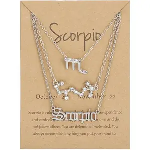 3 count Layered 12 Constellation Zodiac Pendant Necklace Set Retro Paper Card Letter Horoscope Floral Birth Month Clavicle Necklace for Women Friendship  Valentine's Day